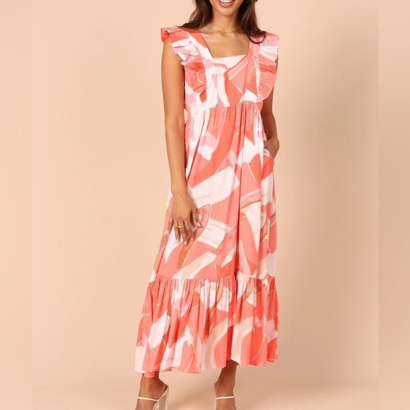 PETAL & PUP Ruffle Sleeve Vibrant Coral & White Tiered Maxi Dress - Picture 1 of 16